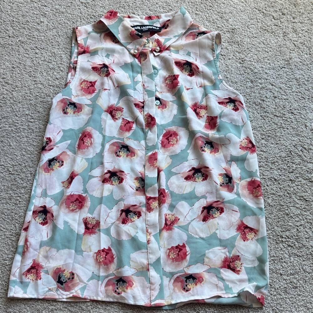Karl Lagerfeld pastel blue, pink, and cream floral blouse